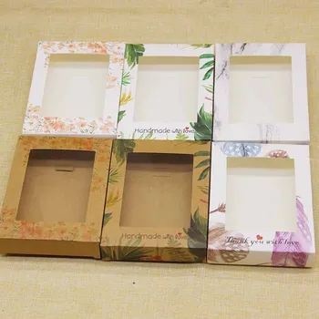 

New arrival Kraft marbling Paper Box with Window Handmade retangula animas print Cookies Gift Candy Box Wedding Party Decoration