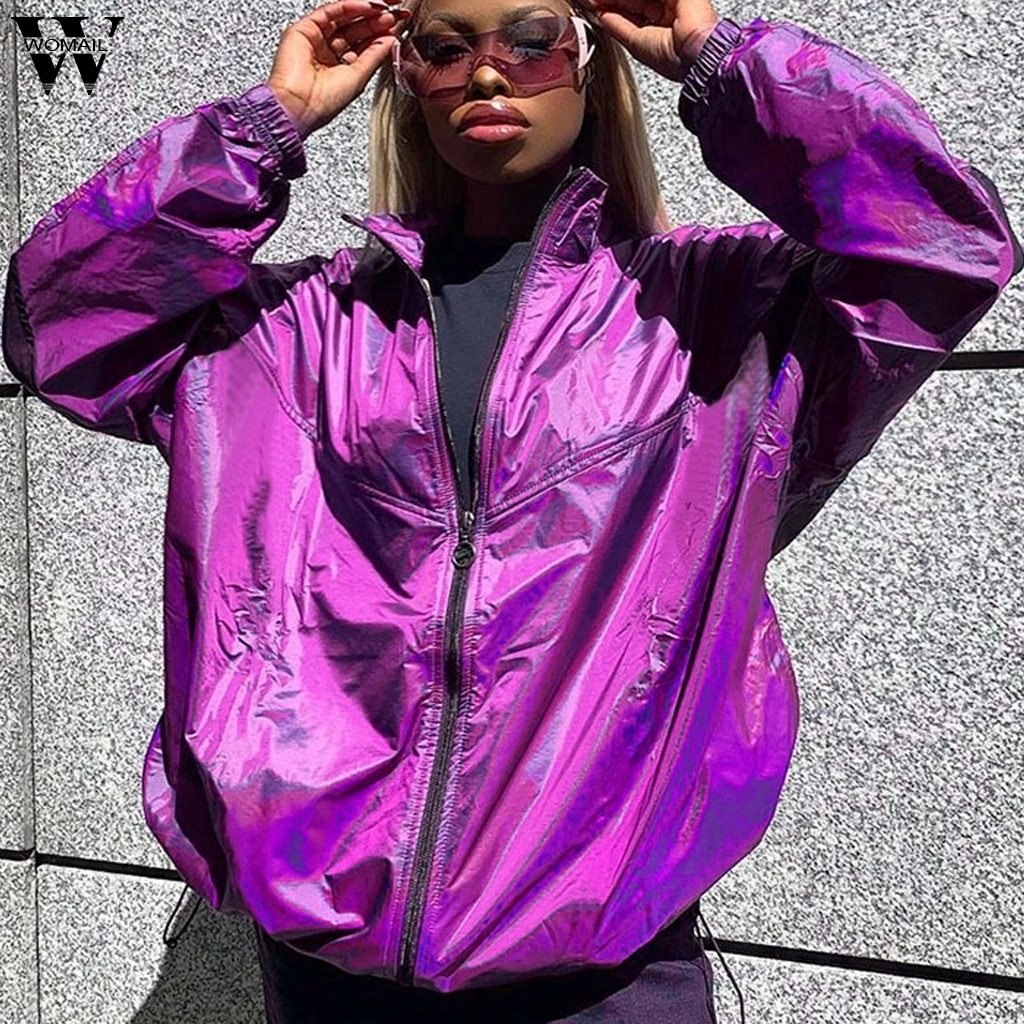 

Womail Glossy Novelty Loose Jacket Coat Women Female Cool Cardigan Purple Zipper Casual Solid Winter Autumn Women Jacket ST05