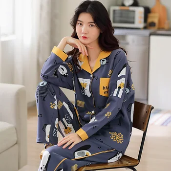 

Women Spring and Autumn Pajama Set Long Sleeve Plus Size 2XL Pajamas Sets Cotton Pijama Sleepwear Pyjamas Nightwear homewear