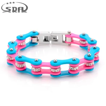 

New ! High Quality Women Bangle 316L Stainless Steel with Crystal Biker Chain Bracelet Blue Pink Charm Female Jewelry Wholesale