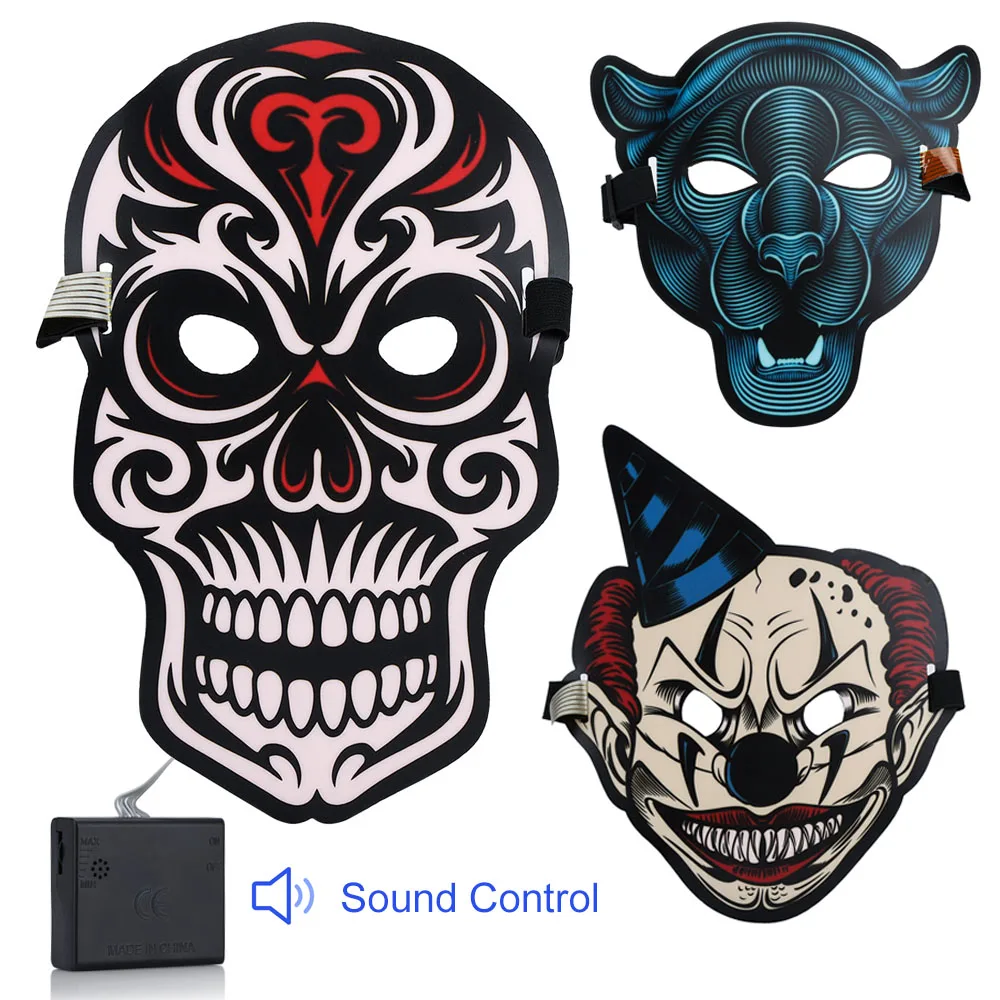 

Halloween Party Sound Reactive LED Mask Masque Masks Neon Light LED Rave Mask Glow In The Dark Horror Glowing Cosplay Masker