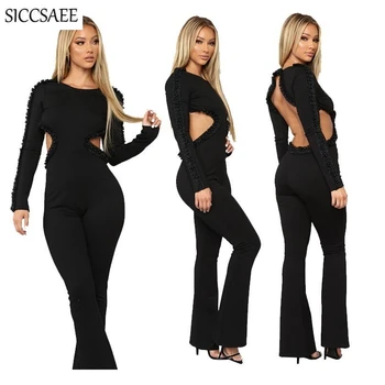 

Open Back Black Elegant Jumpsuits For Women 2019 Autumn Winter Lace Ruched Ruffles Beaded Sexy Macacao Feminino Wide Leg Pants
