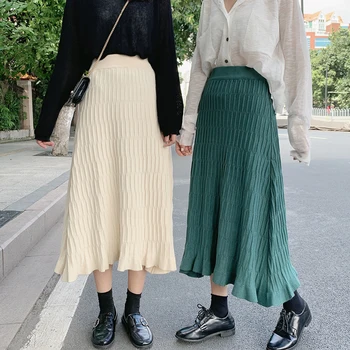 

Knit Skirt Women Autumn Winter Elastic Band High Waist A-Line Long Midi Knitted Skirts Pleated