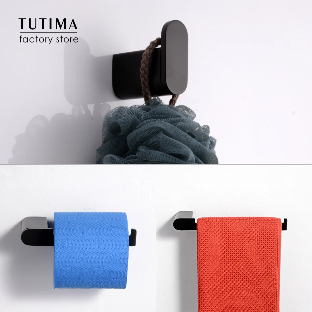 Tutima Matte Black 3-Piece Set Bathroom Accessories 304 Stainless Steel Wall Mount Toilet Paper Holder Towel Bar Ring Robe Hook