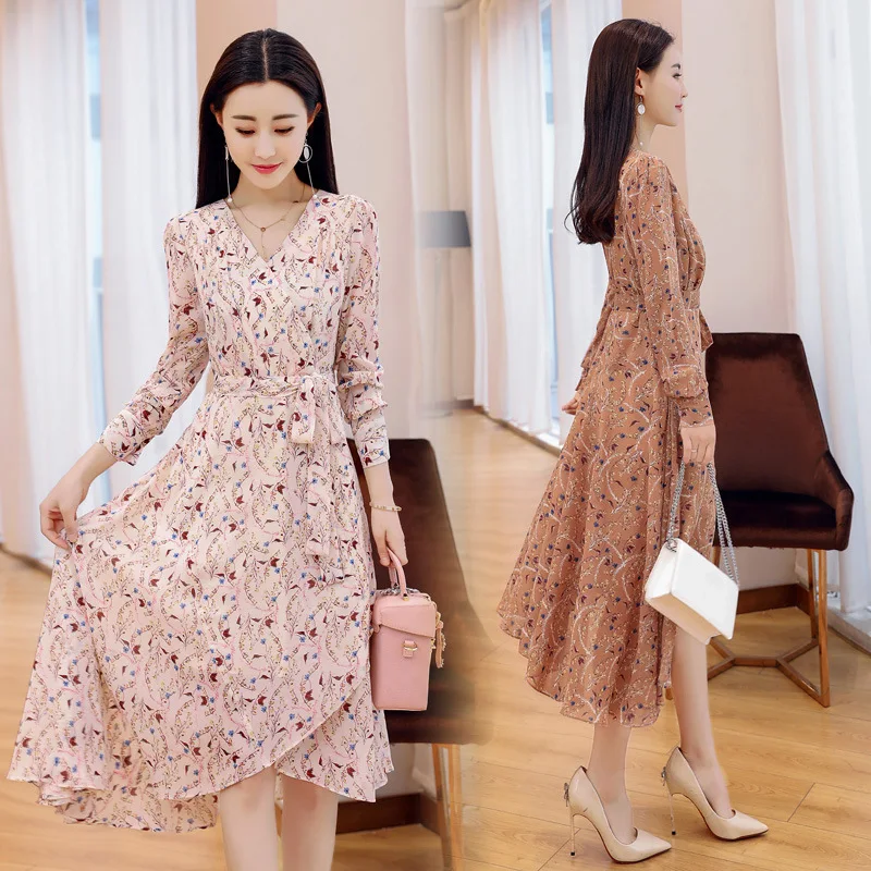 

Chiffon Dress 2018 New Style WOMEN'S Dress Spring Clothing Korean-style Mid-length Floral Print V-neck Long Skirts Slim Fit Long