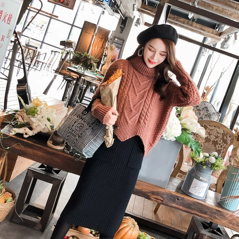 

Gao Collar Sweater Coat Lazy Thicken Loose Short Front And Long Back Twist Loose Knitting Shirt Female Skirt