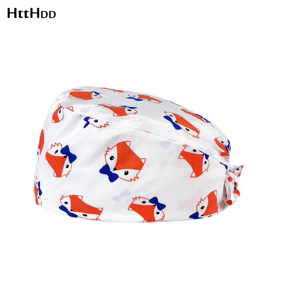 

Refreshing sweat-absorbent Laboratory cap Animal cartoon print Orange gentleman fox scrub hat adjustable Pension house scrub cap