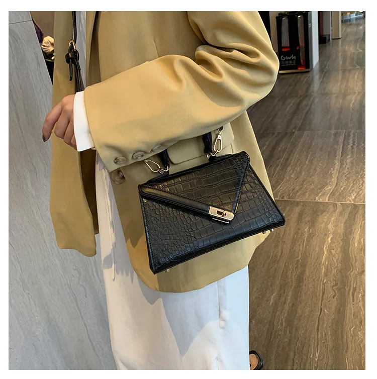 Women Small Top Handle Bag Luxury Brand Trapezoid Shaped Handbag for Women Girls Crocodile Print PU Leather Cross body Bag Beige (8)