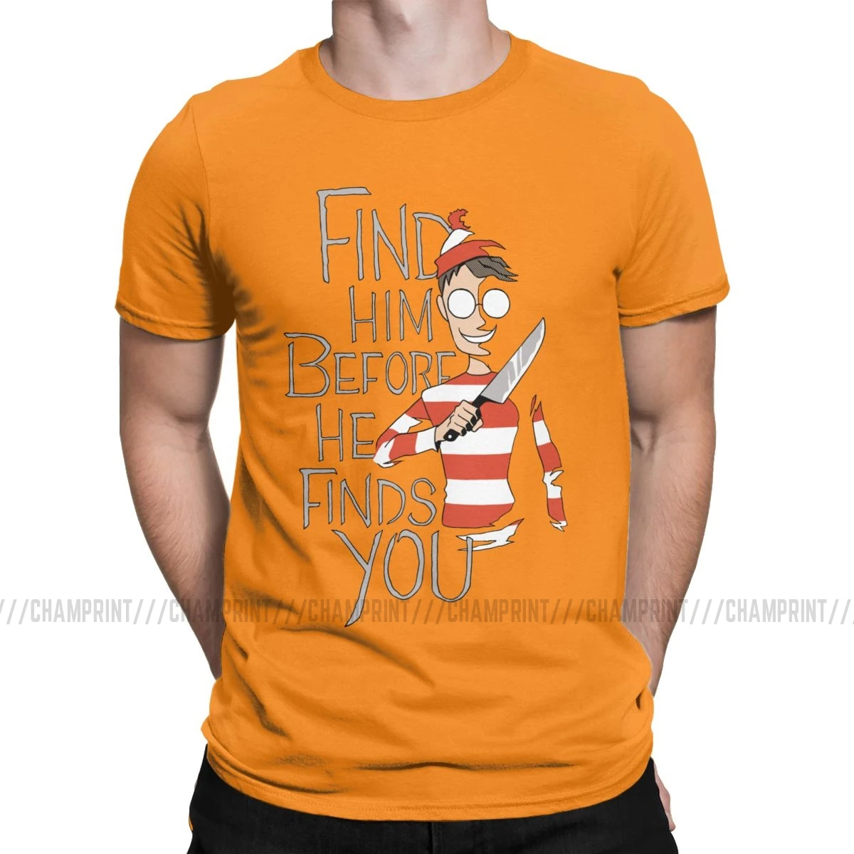 Мужская футболка Hiding In The Dark Waldo, хлопковые футболки с коротким рукавом Wheres Wally, пародия, 90 s, комикс, полоски, хотели футболки размера плюс - Цвет: Оранжевый