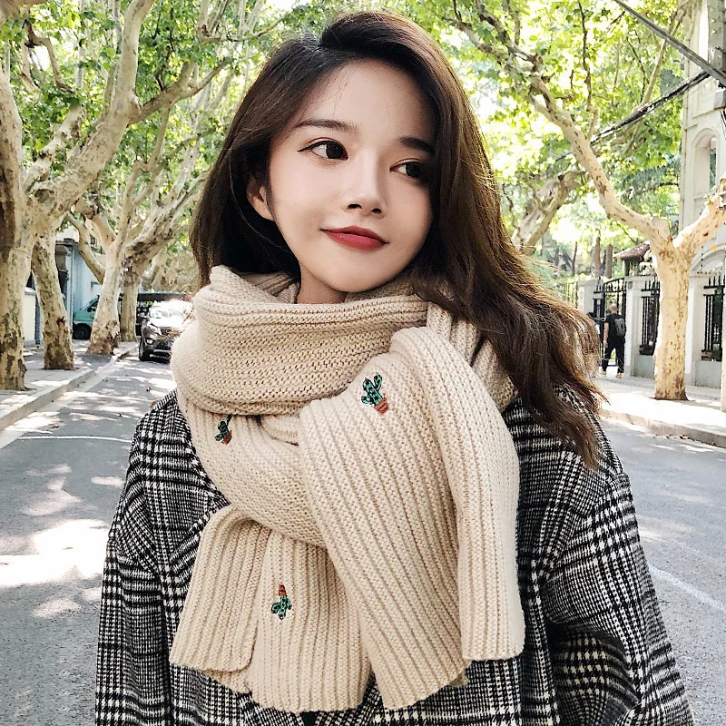 

Winter Scarf Women 2019 Thick Warm Knitted Cashmere Scarf Cactus embroidery Long Shawl Fashion Wrap Shawls Female Poncho Stoles