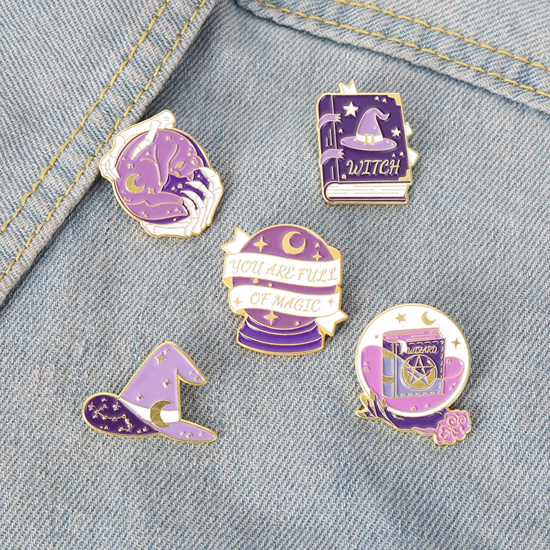 Witch Of Castle Enamel Pin Custom Magic Crystal Ball Hat Spell Book Star Moon Wizard Cat Brooches Badges Gifts Halloween Jewelry images - 6