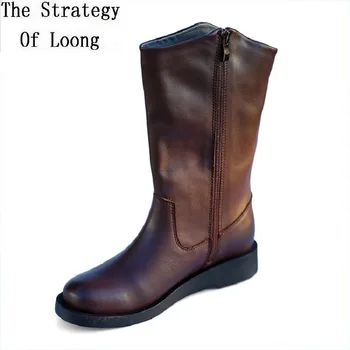 

Retro Spring Autumn Women Genuine Leather Half Equestrian Boots Winter Ladies Plush Handmade Sewing Mid-Calf Boots 191224