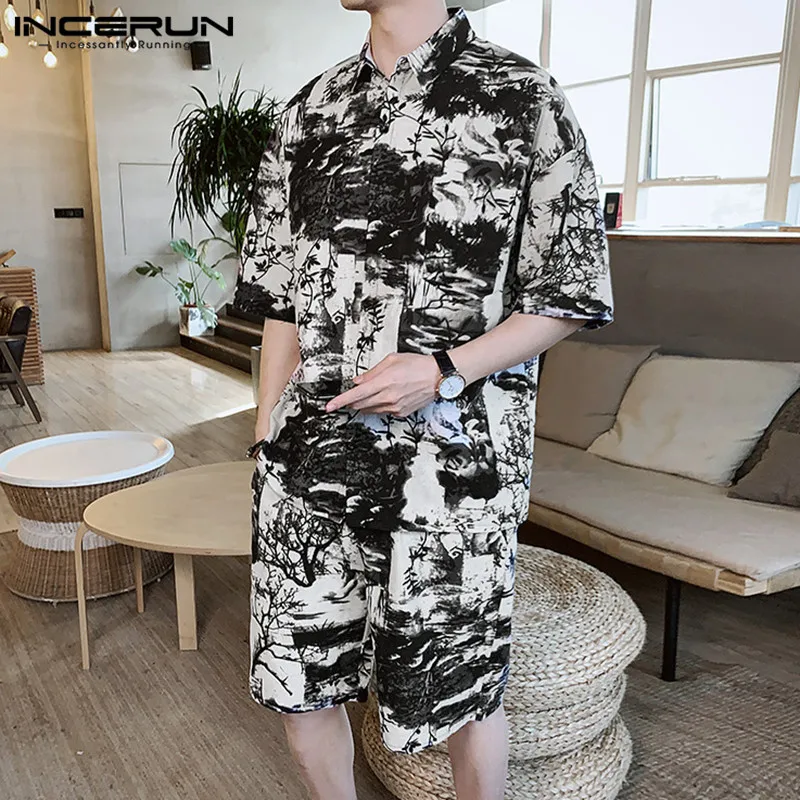 Summer Men's Sets Printing Half Sleeve Streetwear 2020 Cotton Lapel Shirt Vintage Shorts Pockets Casual Men Clothes Suit INCERUN Summer Men's Sets Printing Half Sleeve Streetwear 2020 Cotton Lapel Shirt Vintage Shorts Pockets Casual Men Clothes Suit INCERUN