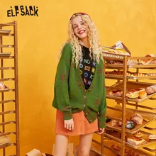 ELFSACK, зеленый, однотонный, золотой, Шелковый, с вышивкой, Повседневный, вязаный женский кардиган,, зимний, на одной пуговице, корейский стиль, Женский Топ