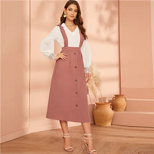 Sheinside на элегантных кнопках, юбки для женщин,, осенняя плиссированная юбка с оборками на бретелях, Женская однотонная Минималистичная юбка миди - Цвет: Розовый