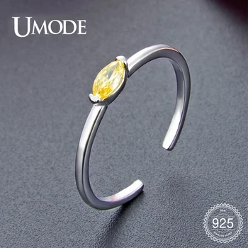 

UMODE New Simple 925 Sterling Silver Solitaire Yellow CZ Zircon Open Rings for Women Silver Polished Adjustable Jewelry ULR0821