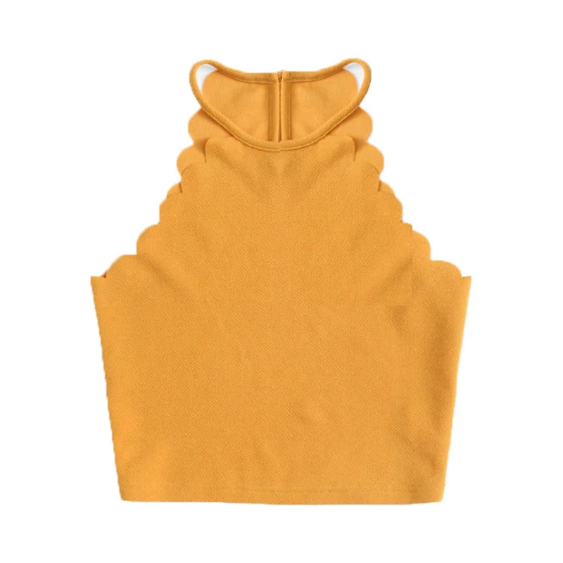 yellow GAOKE, женские короткие топы,, одноцветные, черные, гребешок, отделка через шею, топ, новинка, летняя, женская, без рукавов, тонкая кофточка, женские сексуальные футболки - Цвет: yellow