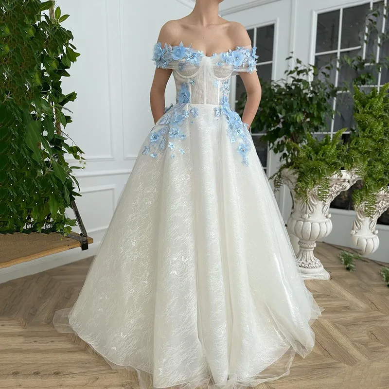 White Blue Flower Sheath Velvet Burnout Corset Wedding Guest Dress