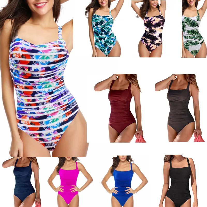 2020 Vintage One Piece Swimsuit Women Swimwear Leaf Print 1 Piece Swim Suit Strapless Bathing Suits Plus Size Monokini 11 Colors
