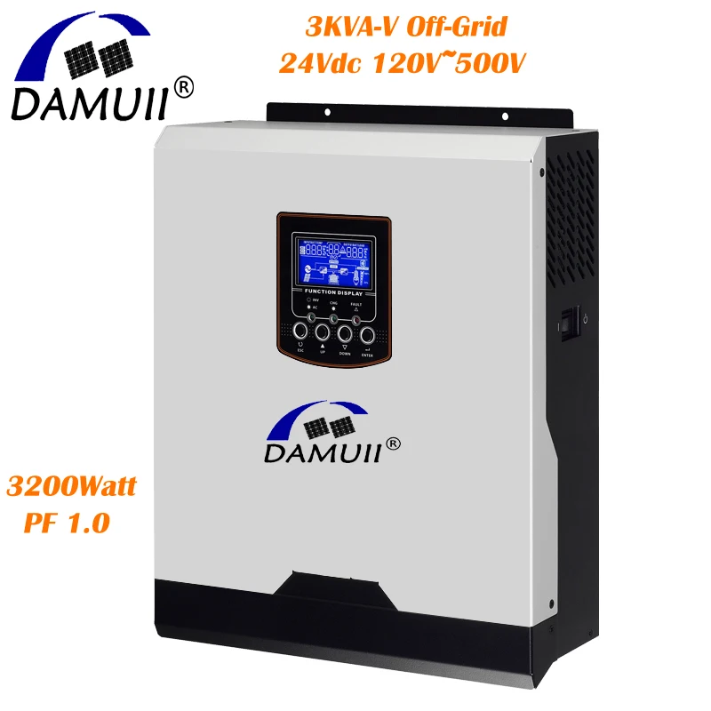 

DAMUII 3.2KVA MPPT Solar Inverter 3200W 80A MPPT Solar Charge Pure Sine Wave Off-Grid System 500Vdc Panles 24Vdc Battery System