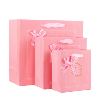 

5pcs Pink Bow Paper Gift Bag with Handle Party Baby Shower Chocolate Boxes Wedding Candy Bag Cosmetics Jewelry Packaging Bag
