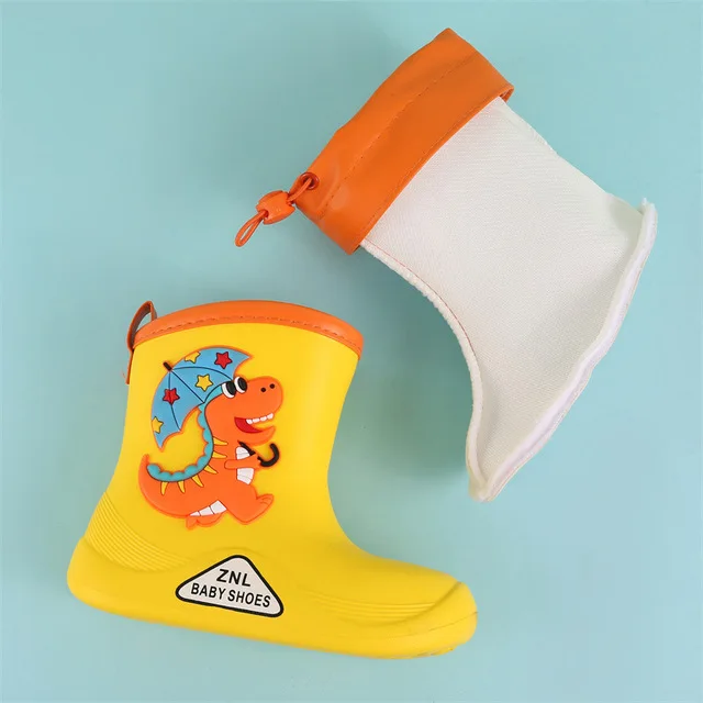 New Children Rain Boots For Girls Rubber Rainboot Boys Baby Girl Pvc Warm Kids Waterproof Shoes Modis Cartoon Dinosaur Removable