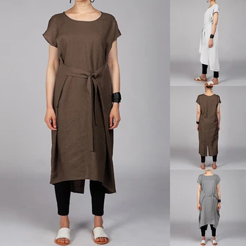 

Celmia 2020 Women Fashion Summer Dress Female Short Sleeve Belted Casual Loose Midi Dresses Split Plus Size Vestidos Mujer Robe