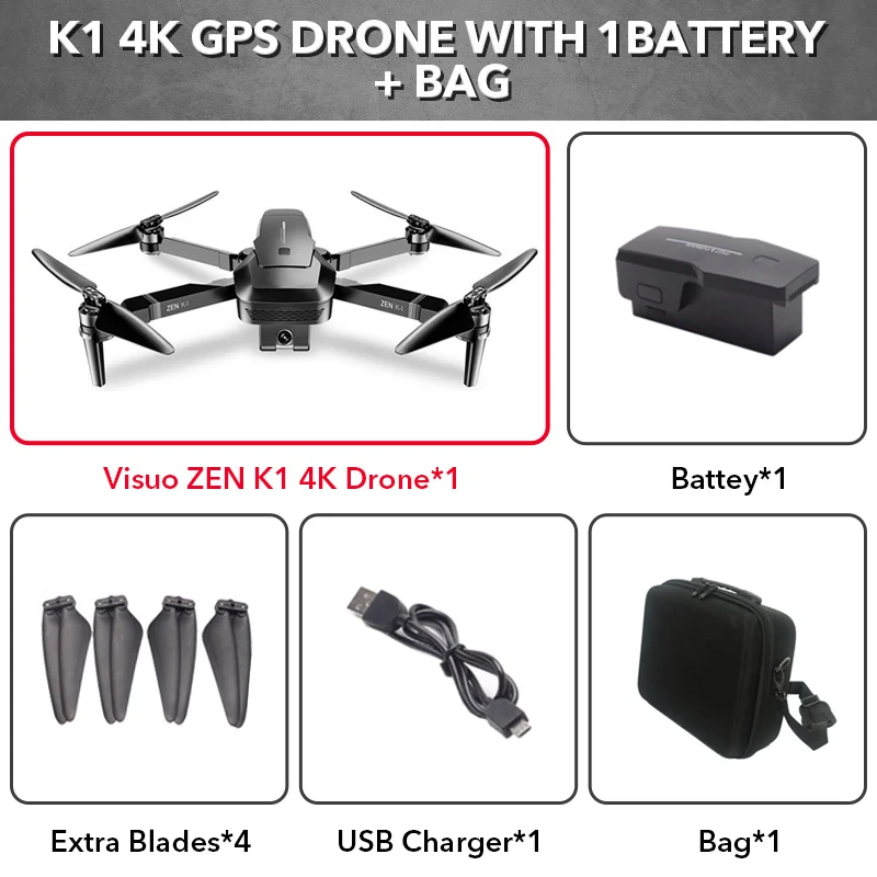1 battery with bag VISUO ZEN K1 5G wifi FPV gps 4K 720P HD Двойная камера 90 градусов широкоугольный складной Радиоуправляемый Дрон Квадрокоптер VS XS809HW SG106 H37 M69 - Цвет: 1 battery with bag
