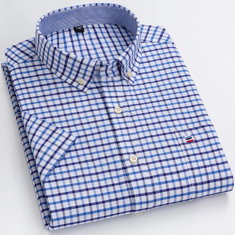 Plus Size 7XL 6XL Men's Summer Shirts Oxford Vertical Stripes Short Sleeve Standard-fit Loose Plaid Solid Soft Cotton Man Shirt 4