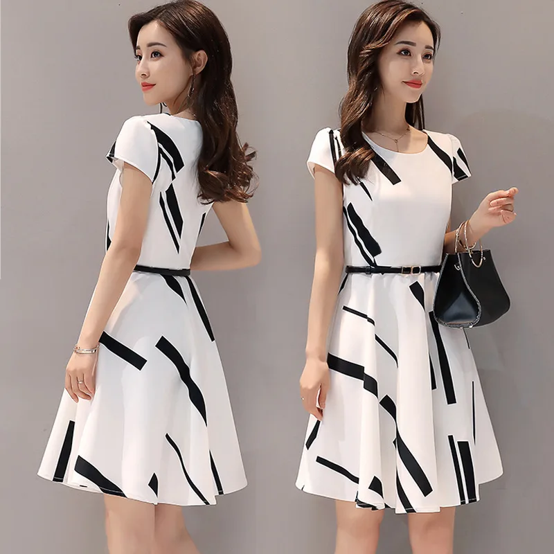 

2019 Summer Wear New Style Korean-style Elegant Dress Women's Mid-length Waist Hugging Slimming Printed A- line Skirt Children F