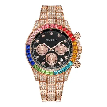 

Wholesale Men Luxury Watch Designer Rainbow Diamond Full Iced Out Rose Gold Watches All Dial Work Chronograph Wristwatch Clock