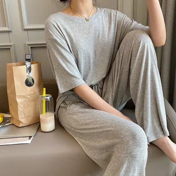 

Casual Loose Women Gray Modal Atoff Home Summer Short Sleeve T Shirt and Pants Home Suit for Women Modal Pajamas Ladies' Pyjamas