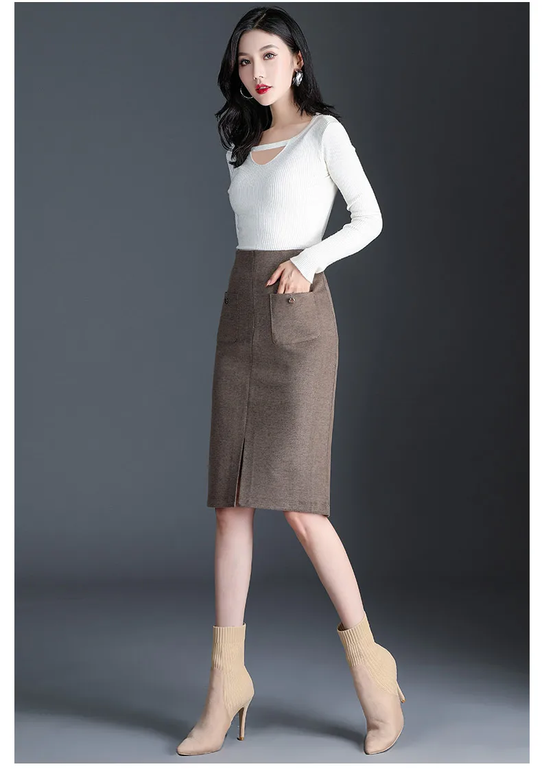 Осень Зима Новая Вязаная Женская юбка цвета хаки с разрезом и карманами тонкая юбка-карандаш до колена S-3XL размера плюс юбка с высокой талией