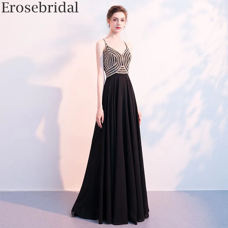 

Erosebridal Black Chiffon Evening Dress 2020 Simple Style Long Party Gown Zipper Back Gold Beaded Body Sleeveless