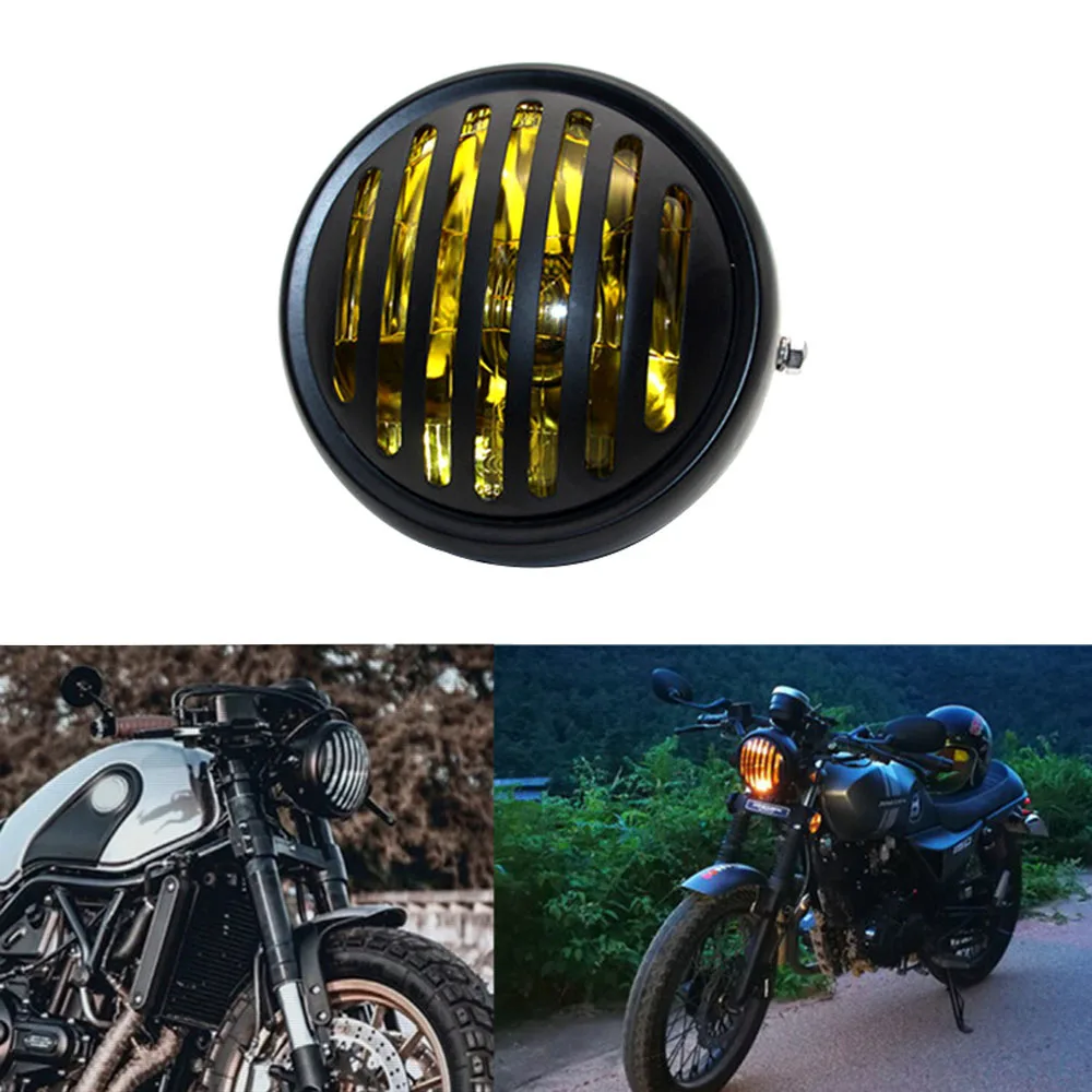 

12V Motorcycle Grill Headlight with Bracket Motorbike Retro Headlights Motor Moto Scooter Vintage Front Light Round Lamp