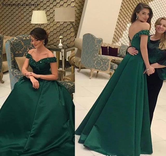 Modest Dark Green Arabic Party Evening Prom Dresses Formal 2017 Vestidos de fiesta Long Satin Celebrity Gowns A Line Off Shoulders Sequined 134