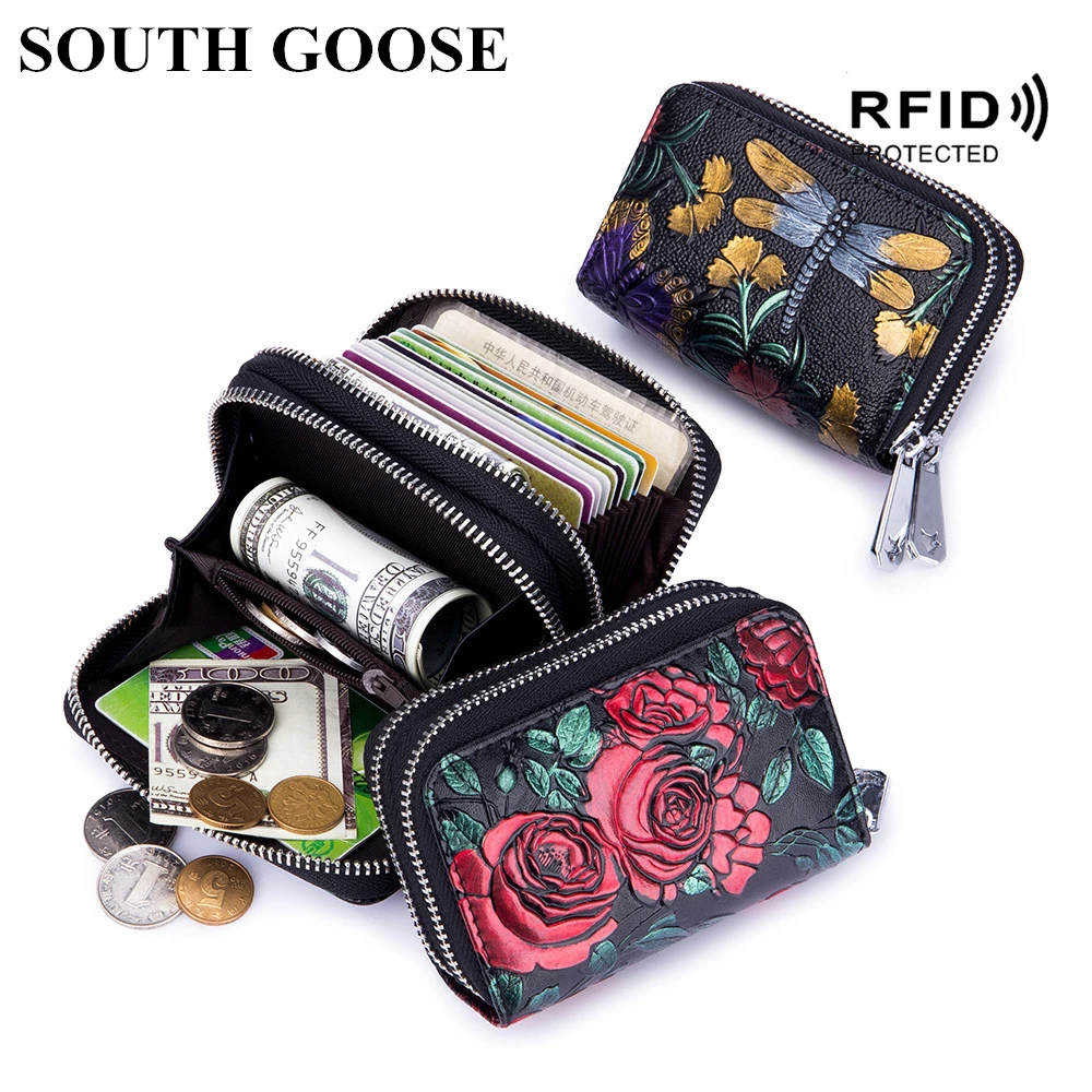 

SOUTH GOOSE Genuine Leather Women RFID Credit Card Holder Rose Embossed Female Double Zipper Card Holder Organizer Travel Wallet