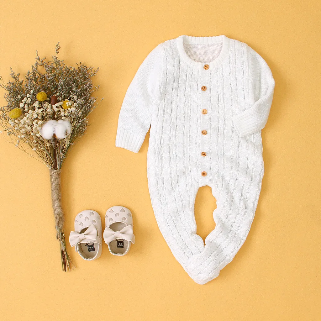 Зимний свитер для новорожденных мальчиков и девочек; Вязаный комбинезон; теплая одежда; Однотонный однобортный комбинезон с длинными рукавами