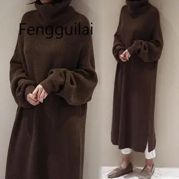 

2020 Thick Autumn Winter Long Sweater Women Lantern Sleeve Turtleneck Slit Sweaters Pullovers Oversized Long Pull Hiver Femme