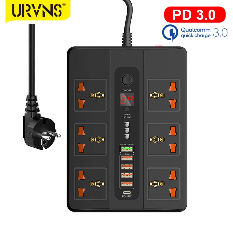 URVNS 2500W 6 Outlet Surge Protector 2 Meter Extension Cord Plug Power Strip with Timing Function and PD 3.0 QC3.0 USB Port