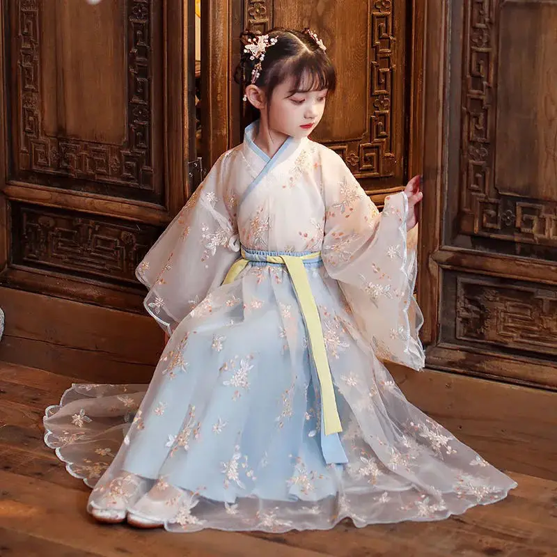 Осеннее сказочное платье Hanfu для маленькой девочки в китайском стиле с большими