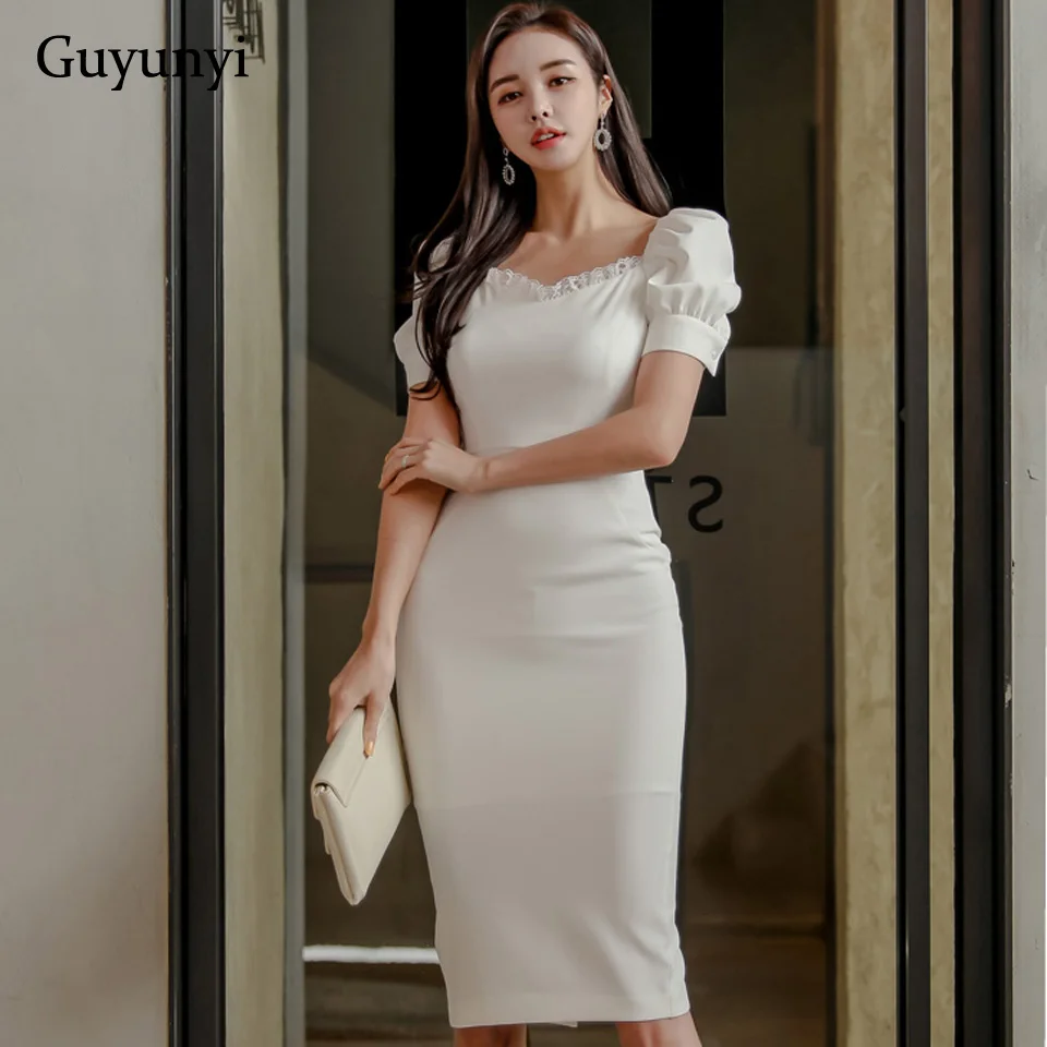 White Office Lady Dress 2020 Summer High Waist Tight Dress Simple V ...