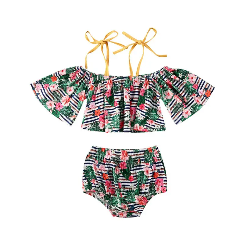 

2020 Sweet Toddler Baby Girl Beach Bathing Striped Swimwear 2pcs Floral Off Shoulder Ruffle Crop Tops+Shorts Sunsuit Holiday Set