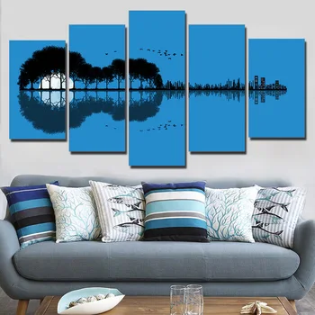 

5 Panel Wall Art On Canvas Tree Guitar Reflection Landscape Wall Picture For Living Room Poster Painting