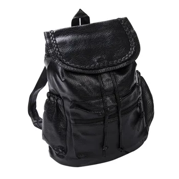 

Women Backpack PU Leather Retro Female Bag Women Fashion Solid Black Backpack Portable Girls School Bag