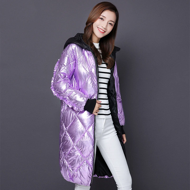Серебряное длинное пальто с капюшоном, пуховик, зимняя куртка, женская зимняя одежда, модные утепленные парки для женщин, новинка, теплое пальто, пальто - Цвет: Violet