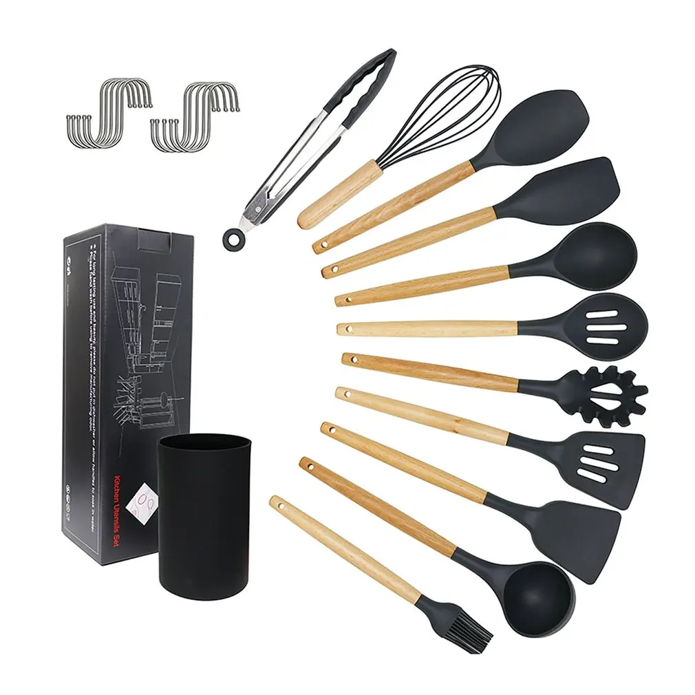 

11-piece Set Of Silicone Kitchenware With Wooden Handle Spoon Shovel Dark Gray Plastic Bucket High Temperature Resistance