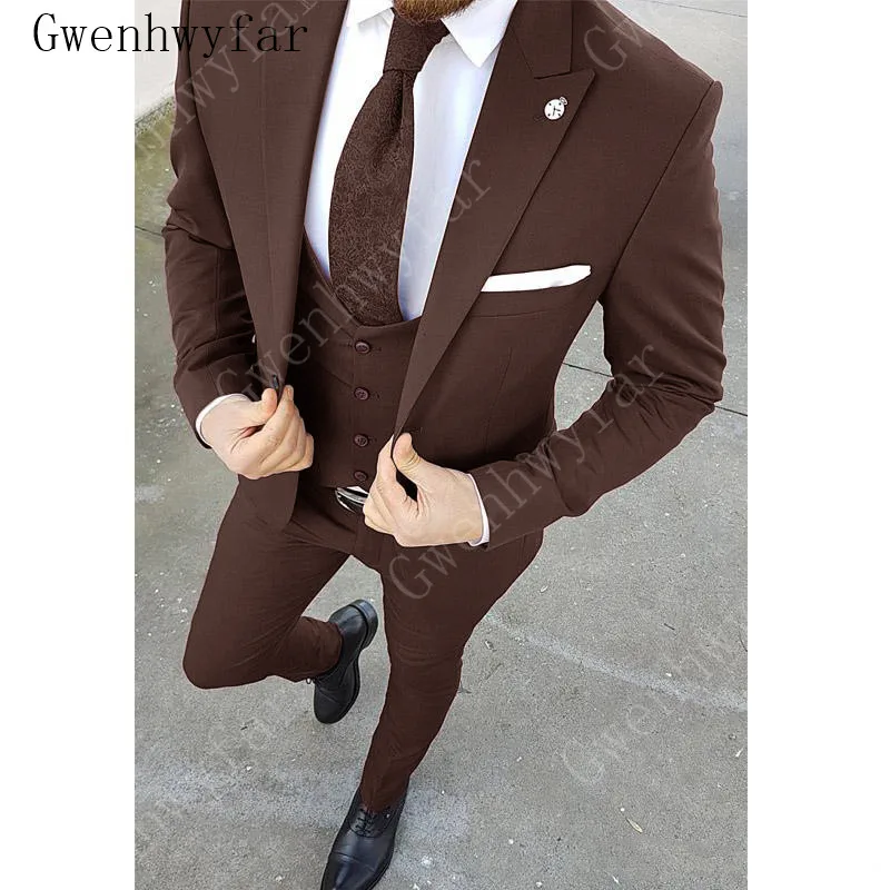 Gwenhwyfar приталенные коричневые деловые мужские костюмы смокинг для жениха на