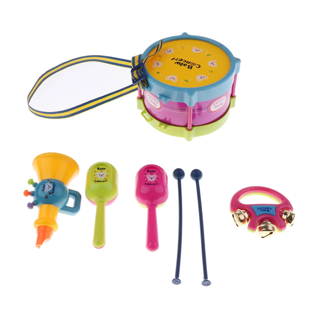 1 Set Plastic Hand Snare Drum Hand Bell Maracas Mini Trumpet for Kids Baby Toddler Preschool Musical Toys