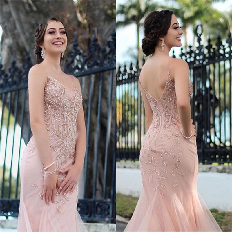 

Spaghetti Staples Beading Sequined Prom Dresses Sexy V Neck 2019 Tulle Appliques Zipper Back Evening Gown Ladies Formal Dresses